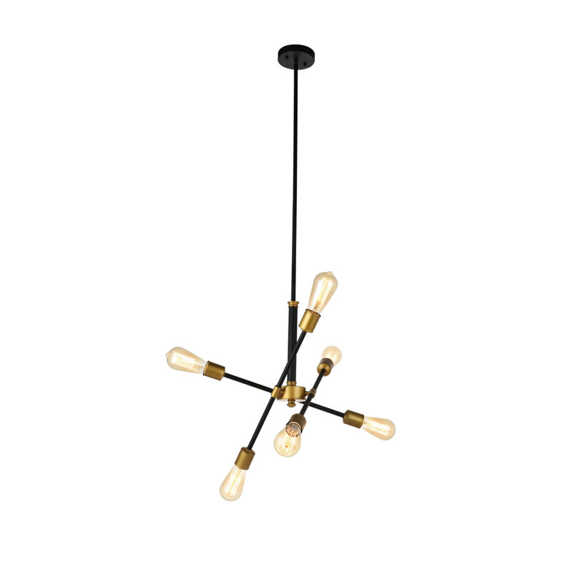 Lustre Spoutnik linéaire moderne Whelchel, Noir/laiton, Six lumières, H 19,6 po x l 17,1 po x P 17,1 po
