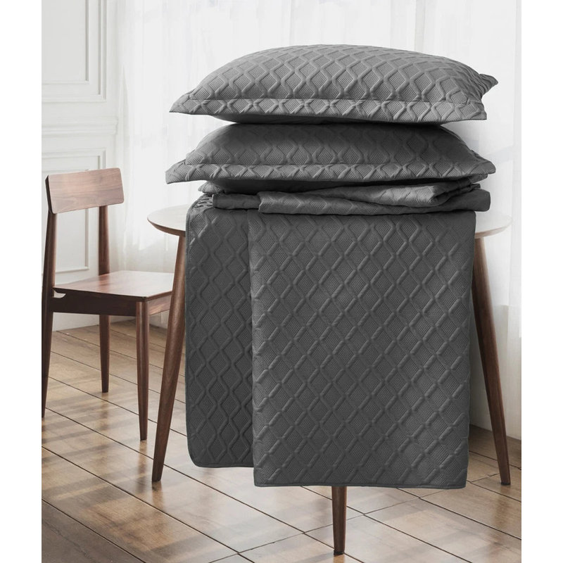 Bedspread Diamond Check Embossed Set with Pillow Shams, Textured All-Season Comfort, Single, Double, King & Super King, Grey