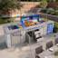 Îlot de cuisine extérieur modulaire en pierre naturelle 3 pièces avec barbecue, réfrigérateur, évier, plaque chauffante et brûleur latéral double Akoah-128878082