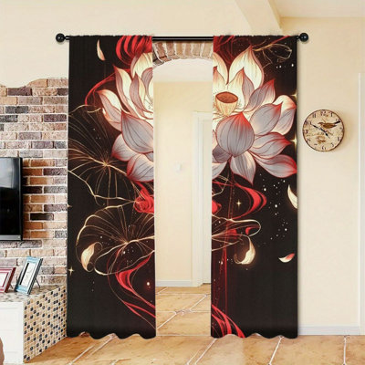 2Pcs Japanese Style Lotus Curtains, Elegant Floral Pattern, Rod Pocket Window Drapes, Artistic Aesthetics, Living Room Bedroom Study Window Decor