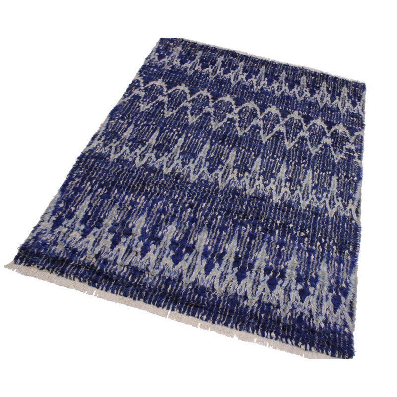 Tapis géométrique bleu en laine noué à la main 8 pi x 10 pi 3 po Madelyngrace