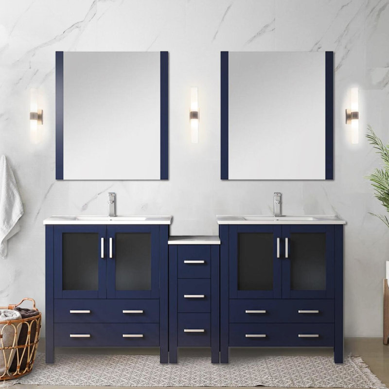 Bleu marine 72 po Meuble-lavabo double pour salle de bain, armoires latérales, comptoir en céramique blanche, 28 miroirs, mécanisme de fermeture en douceur, baignoire longue bleue, comptoir, fermeture, sept tiroirs