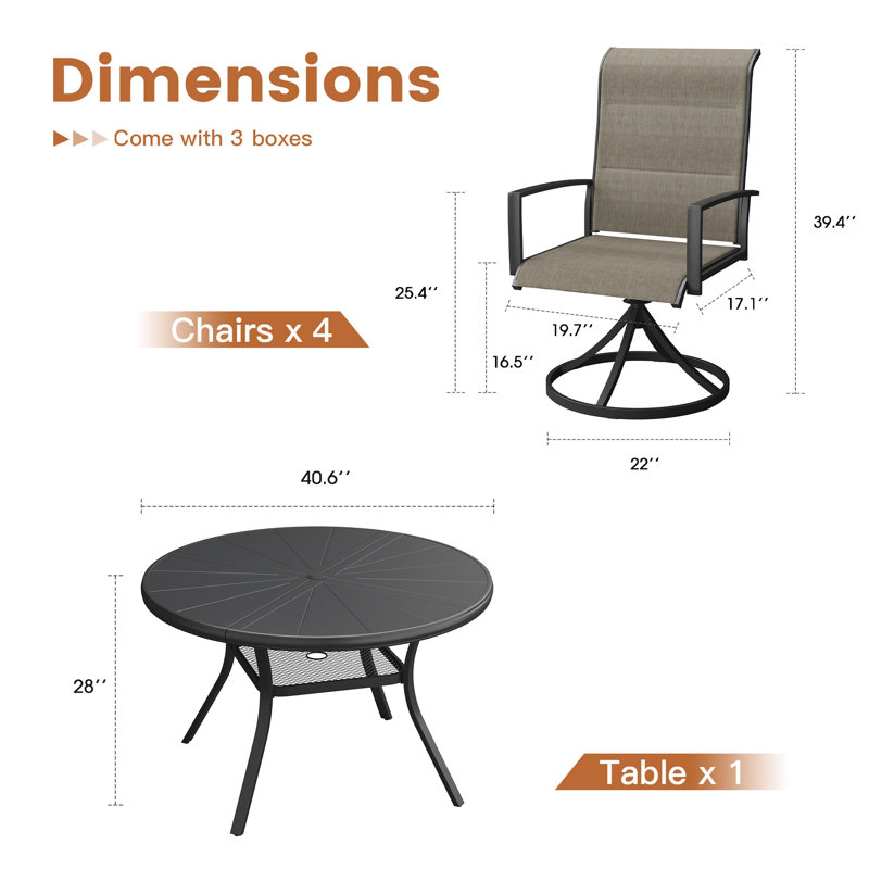 Aluminum Patio Dining Set with 4-person Round Dining Table and 4 Swivel PVC-coated polyester  Padded Dining Chairs