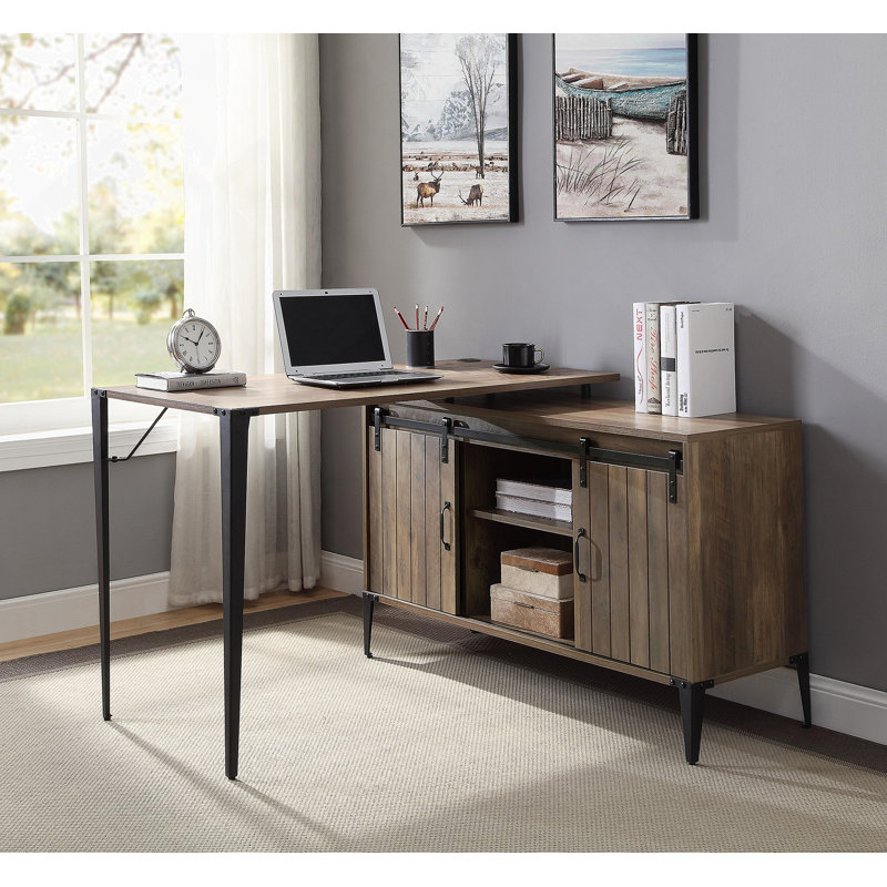 Writing Desk With Sliding Barn Door, Rustic Oak/Black