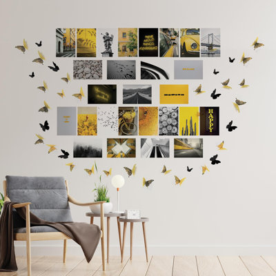 Adhesive Aesthetic Wall Mural Collage Stickers Set with 3D Butterflies
