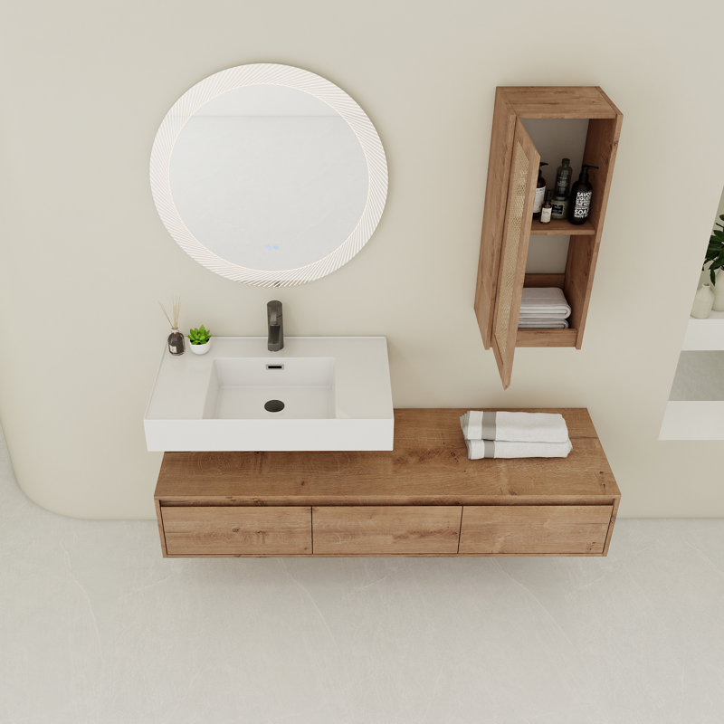 Meuble-lavabo mural 60 po avec lavabo en résine et armoire latérale, tiroir à fermeture en douceur 60 po