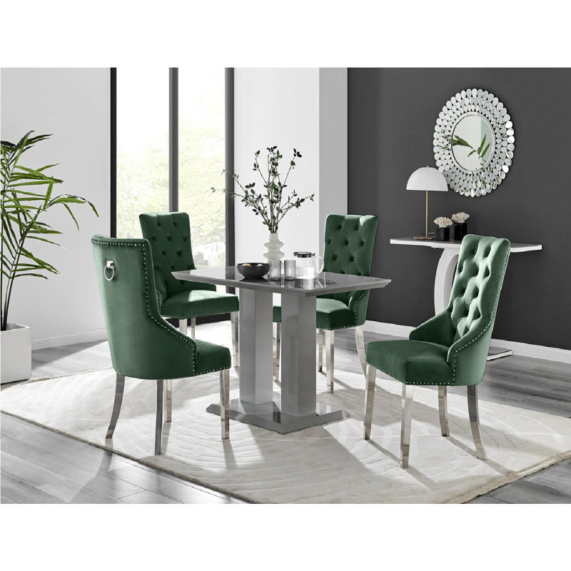 Edzard Modern Double Pedestal High Gloss Dining Table Set with 4 Luxury Velvet Dining Chairs, Grey, Green/Silver