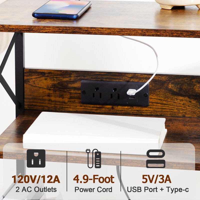 Record Player Stand With Charging Station, Turntable Stand With Storage Cabinet, 3 Tier End Table Hold Up To 100 Albums, Record Stand For Vinyl, Living Room, Rustic Brown