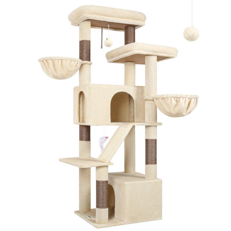 Arbre à chat de 69 pouces, pouvant accueillir 4 chats de taille moyenne ou plus, tour de chat intérieure avec 2 condos et 2 paniers, équipé de poteaux à griffer en sisal, tissu moelleux doux pour grimper et se reposer, facile à assembler.