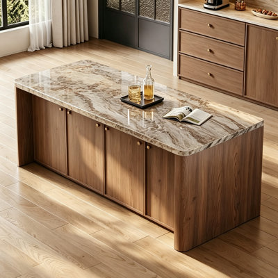Îlot de cuisine moderne avec plateau en marbre naturel, îlot de cuisine autoportant pré-assemblé avec armoire de rangement et portes fermées, chariot de cuisine, buffet de salle à manger et buffet pour la cuisine et la salle à manger
