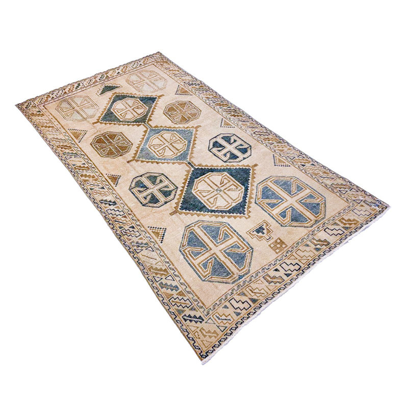 Tapis turc anatolien traditionnel ivoire et bleu 4 x 7