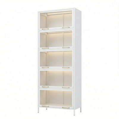 Grande vitrine en fer avec portes en verre, bibliothèque en acier à 5 niveaux avec lumières DEL pour objets de collection, vitrine de style moderne