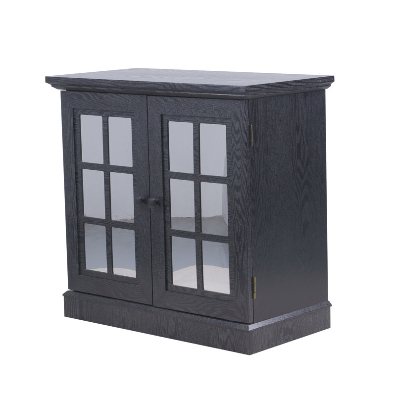 Buffet de rangement avec 2 portes décoratives en miroir en acrylique, tablette réglable pour la salle à manger, le salon, la cuisine, poignées en métal, panneau de fibres à densité moyenne avec finition en papier de grain de bois noir 3D