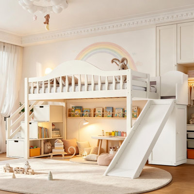 Lit mezzanine en bois pour une personne avec escalier de rangement, glissade et armoire intégrée, cadre de lit robuste en pin avec barrières de sécurité hautes, lit combiné peu encombrant pour chambres d'enfants et d'adolescents, dortoirs, chambres d'amis, beige.