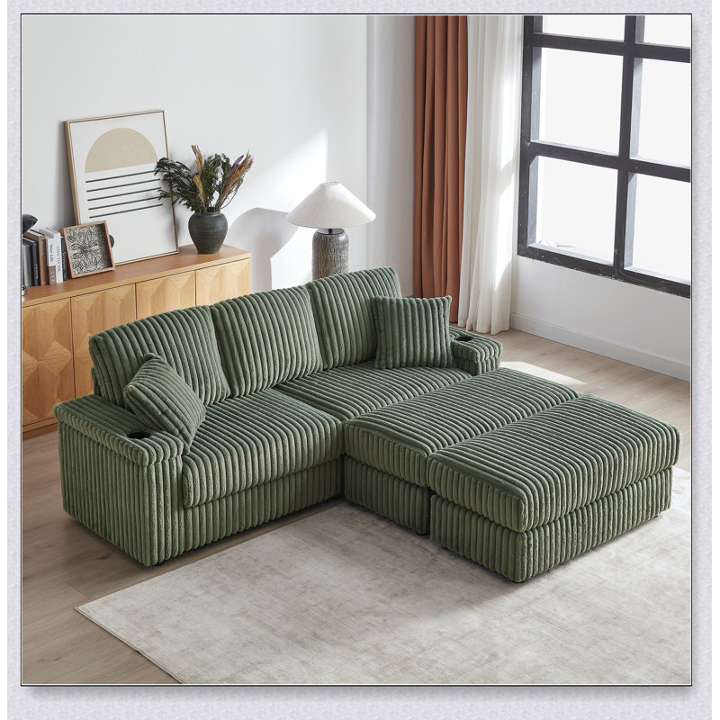 84 Inch Corduroy 3-Seater Sofa with Back and Toss Pillows, Ottoman, and Storage Grooves for Modern Comfort, Army Green