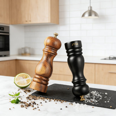 Adjustable Ceramic Salt And Pepper Grinder Set Of 2, 7-Inch Manual Wooden Mill With Rustic Acacia Design For Freshly Ground Spices