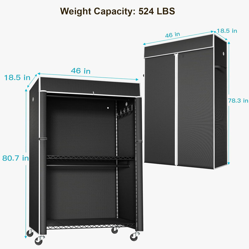 Portant à vêtements noir avec housse noire, armoire à roulettes P1C Plus avec roulettes, support à vêtements en métal