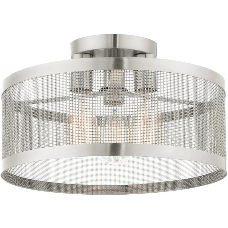 3 Light Semi Flush mount ceiling light fixture with Stainless Mesh Shade, Brushed Nickel