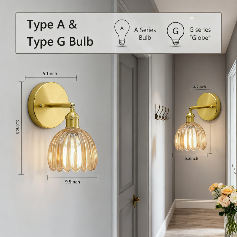 Ensemble de 2 appliques murales vintage en tulipe rétro avec cadre en cristal ambre et laiton avec interrupteur à chaîne et tête pivotante à 90 degrés pour un éclairage intérieur câblé