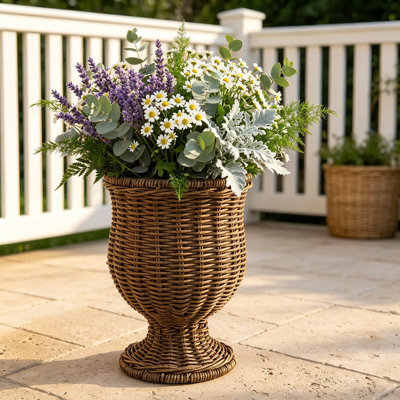 Wicker Urn Vase for Dried Flowers, Handwoven Rattan Tabletop Vase, Boho Farmhouse Decorative Vessel for Artificial Stems, Rustic Pedestal Planter for Shelves or Entryway Accent
