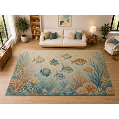 Grand poisson de récif 6 pi 7 po x 9 pi 10 po «Ultra Light Poids», salon, chambre à coucher, salle à manger, bureau, salle familiale, tapis intérieur doux à poils courts, envers en silicone antidérapant, bleu