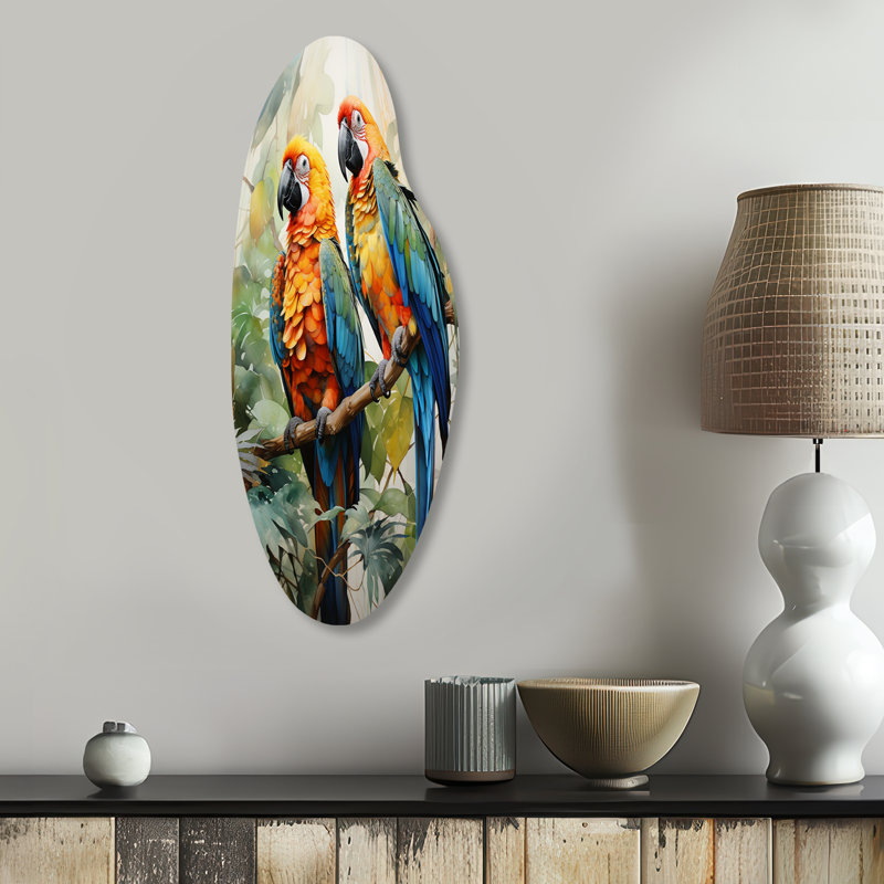 Two Parrots On Branch I - Parrot Curved Shape Metal Wall Sculpture, 30" H x 11" W