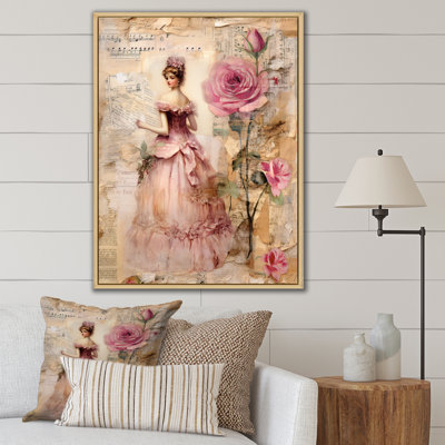 Victorian Lady Pink Roses Rustic Vintage I - Rose Framed Wall Art