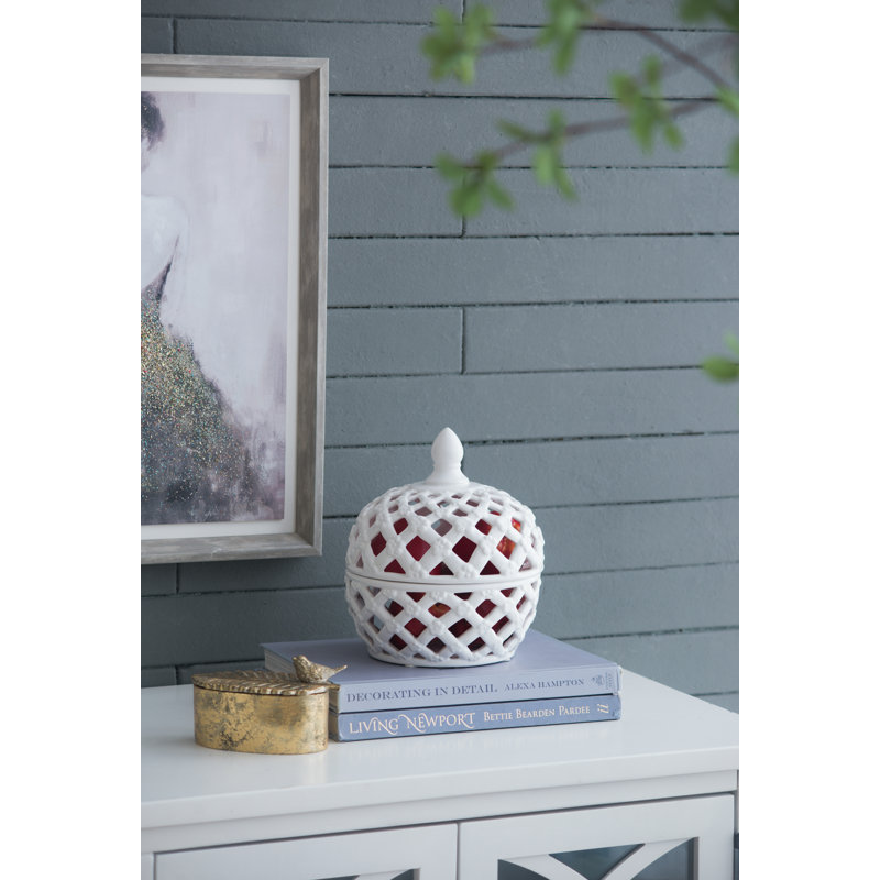 D8x9.5" White Ceramic Lidded Jar with Lattice Design