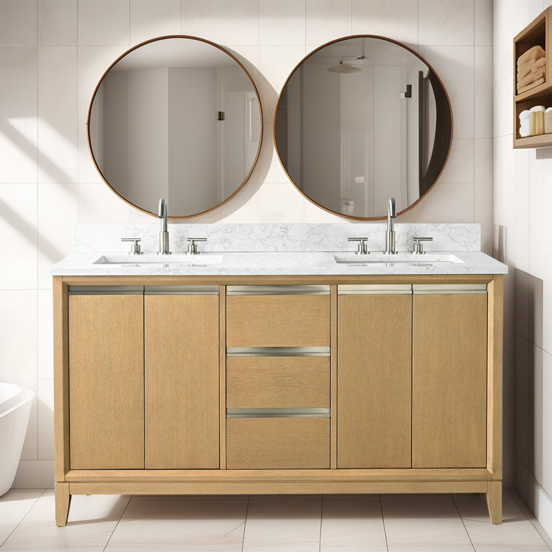 60 Double Bathroom Vanity with Top, Natural Oak, Double, 60"