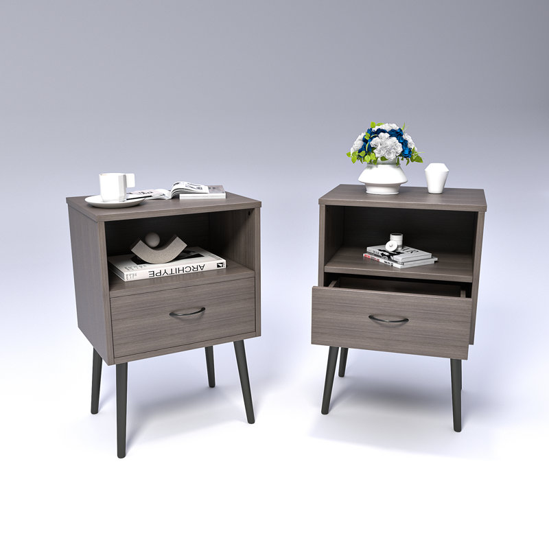 Set Of 2 Modern Nightstands With Storage Drawers And Open Wooden Shelves | Gift Idea, Gray