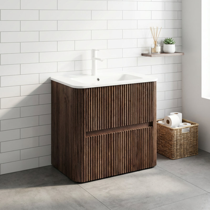 Meuble-lavabo mural 24 po avec lavabo en céramique et deux tiroirs au fini grain de bois rétro
