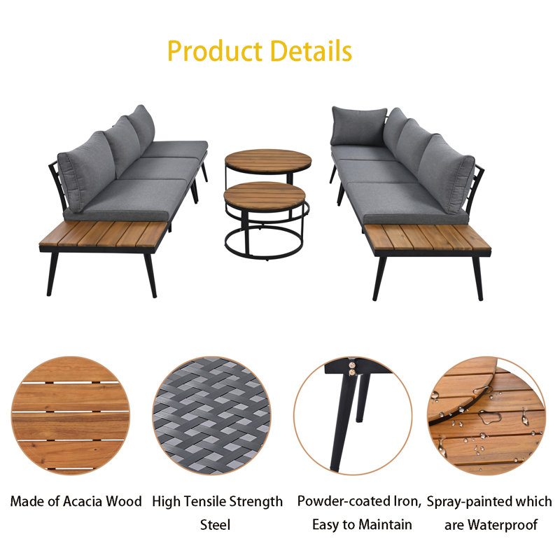 6-piece Outdoor Acacia Sectional Patio Conversation Sets, Gray