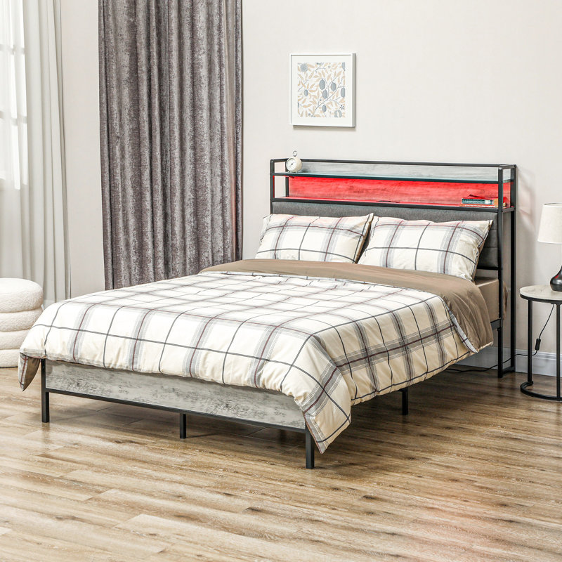 Platform Bed Frame - Full Size With Storage Headboard, Led Lights, Charging Outlets, Quiet, Easy Assembly, No Box Spring, Cement Gray Upholstered Station Noise- Assembly Spring