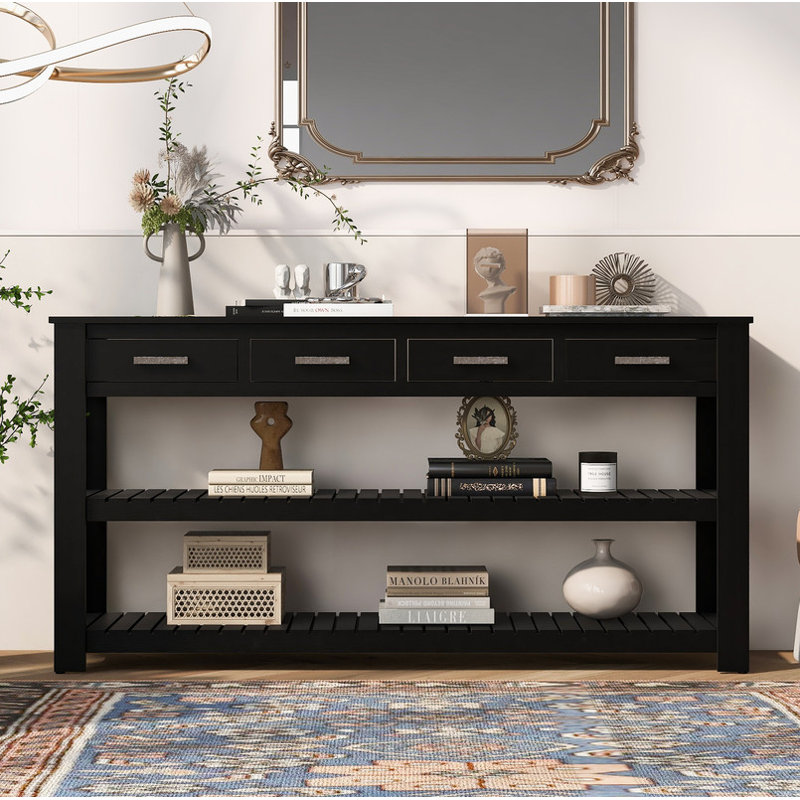 Élégante console d'entrée avec 4 tiroirs et 2 tablettes, convenant aux vestibules et aux salons, Noir