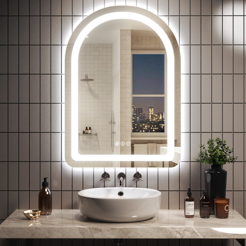 Miroir de salle de bain à DEL avec lumières et miroir arqué avec capteur tactile et cadre en métal