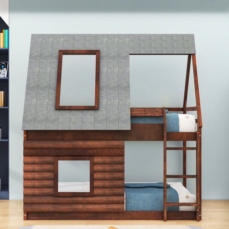 Twin Over Twin Wood House Bunk Bed With Roof, Ladder, Windows And Guardrails