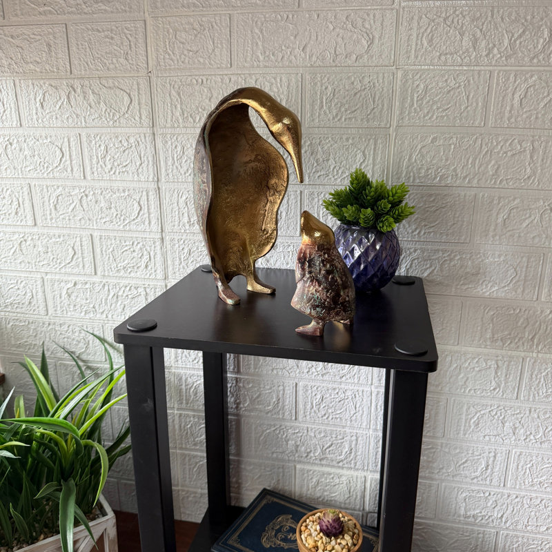 Ensemble de figurines de pingouins (parent et bébé) en aluminium moulé, doré, marron et turquoise, 25 cm de hauteur