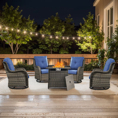 Wendye 5-Piece Outdoor Furniture Chair Set, 4 Swivel Chairs & 55K BTU Fire Pit Table