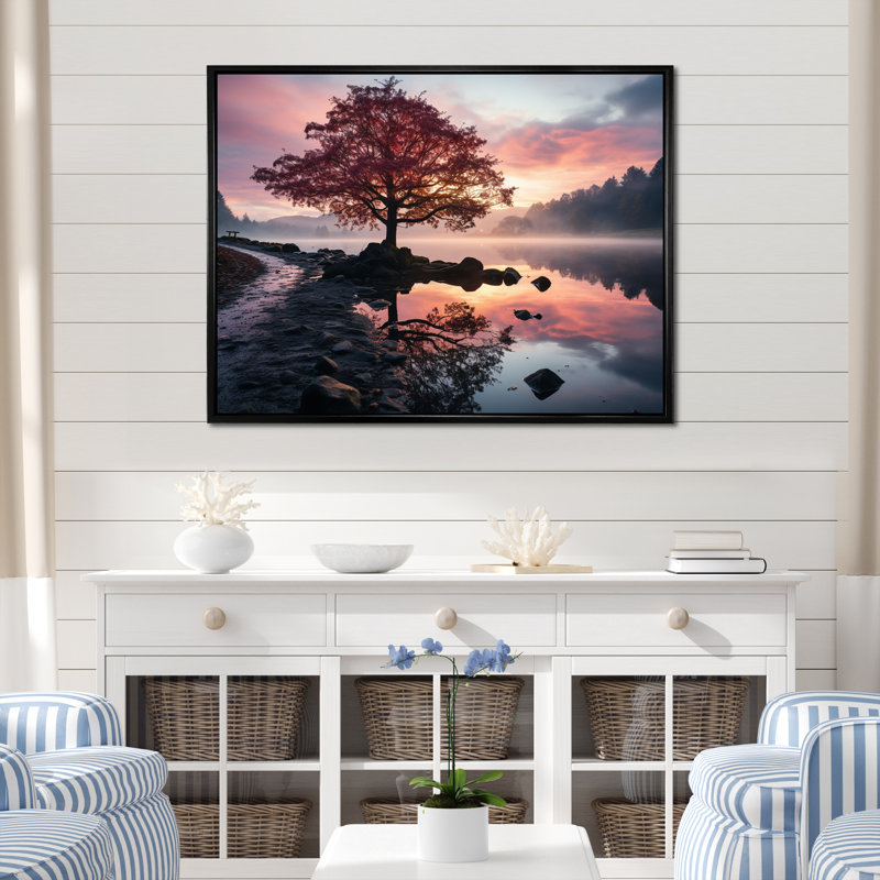 «Lake Serenity Pastel Sunrise in Autumn I», reproduction sur toile, H 30 po x l 40 po x P 1,5 po, Cadre flottant noir