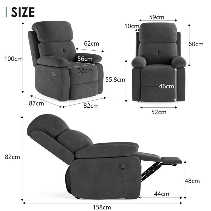 3-Position Padded Seat Upholstered Recliner with Adjustable Legrest and Backrest, Grey