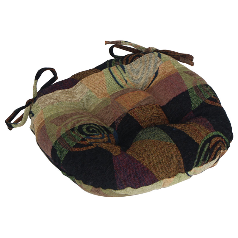 16-Inch Round Jacquard Chenille Tufted Chair Cushions, Brown/Black Abstract