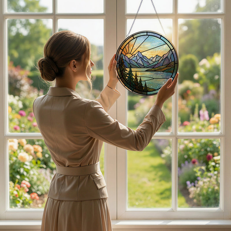 7.8"H Mountain Lake Stained Glass Window Panel, 7.8" H x 7.8" W