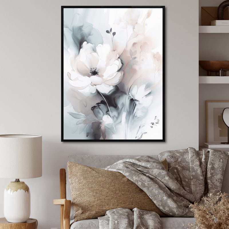 Douces fleurs gris clair II - art mural floral, H 32 po x l 24 po, Cadre flottant noir