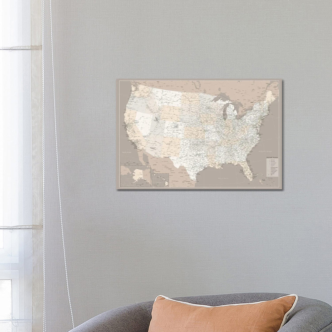 Highly Detailed Map Of The Us With Roads In Brown by Blursbyai - Galerie Giclée auf Leinwand