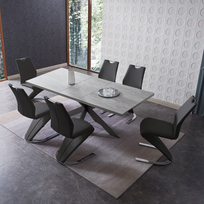 Modern Dining Table Butterfly Leaf Set with "Z" Chairs for 6, Black, Grey