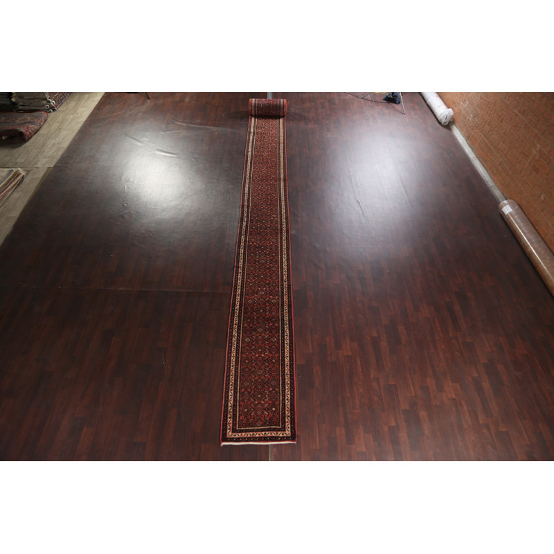 Tapis de couloir rouge unique en laine noué à la main de style années 70 de 2 pi 5 po x 45 pi 9 po