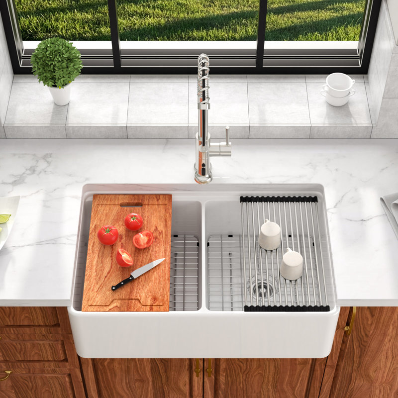 33 Inch Ledge Workstation White Framhouse Kitchen Sink Reversible Fireclay Apron Front Double Bowl Sinks