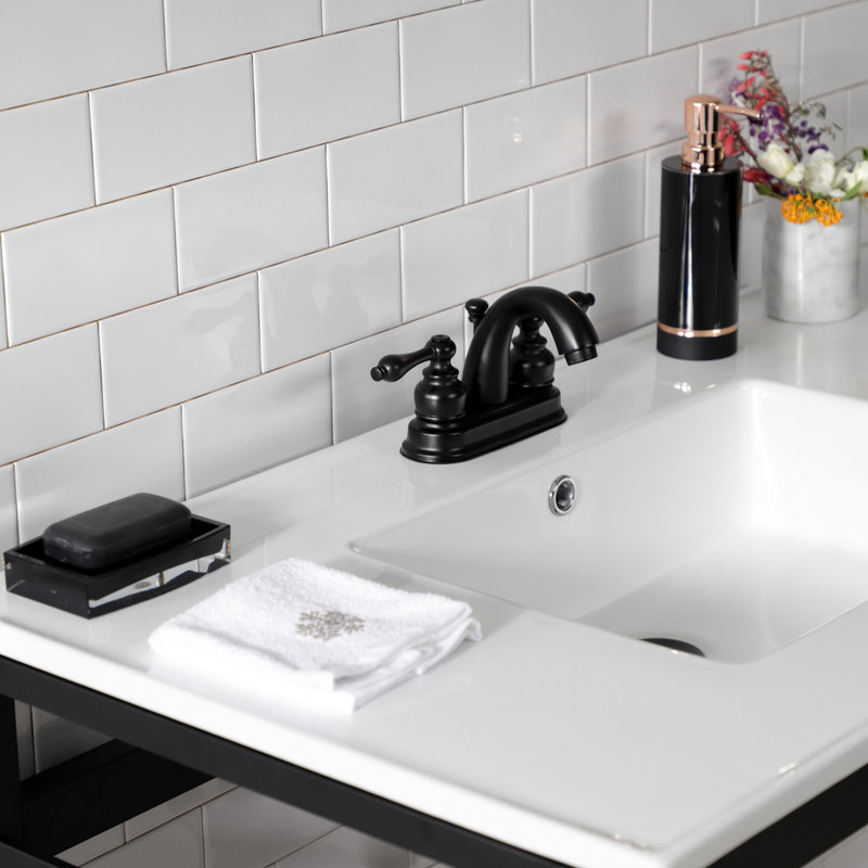 Kingston Brass Quadras 37-Inch Ceramic Console Sink with Steel Base and Glass Shelf (4-Inch, 3-Hole), White/Matte Black