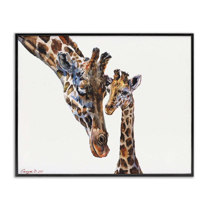 Ringler, joli bébé girafe, famille, aquarelle, peinture murale, enfants, Giclée encadrée noir minuit, H 24 po x l 30 po