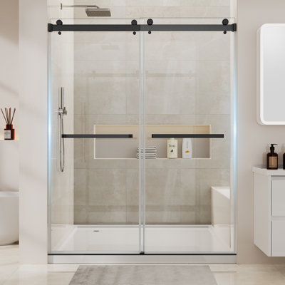 56-60 " W X 76 " H Double Sliding Frameless Shower Door 1/4" Tempered Glass, Stainless Steel Hardware, Matte Black